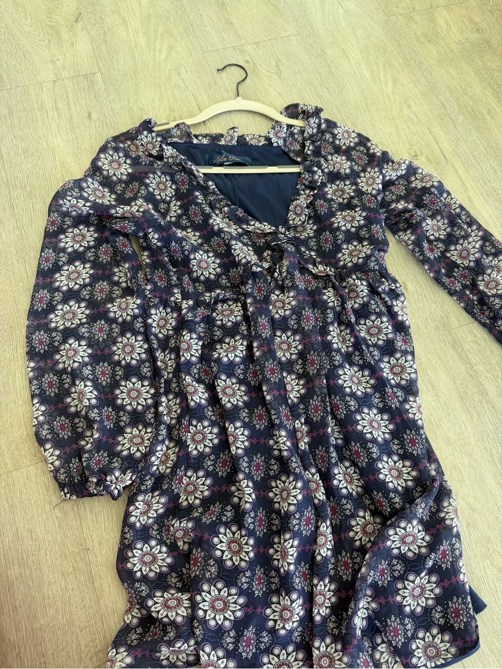 Blue Rain Floral Babydoll Dress Navy Boho Long Sleeve Mini Dress